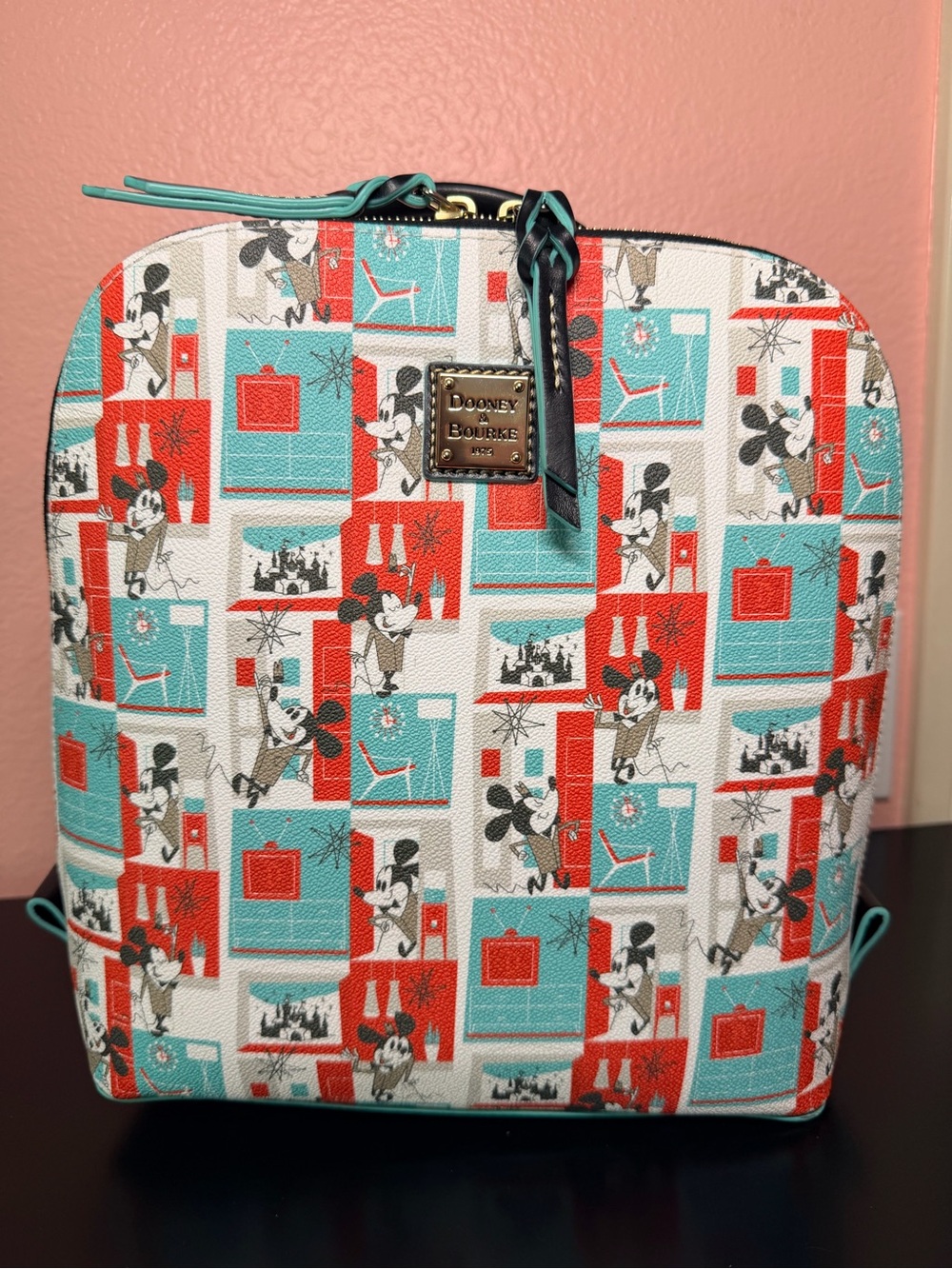 Dooney & Bourke Teal, Red and White Mickey Print Backpack